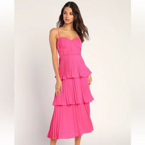 Cascading Crush Hot Pink Tiered Bustier Midi Dress